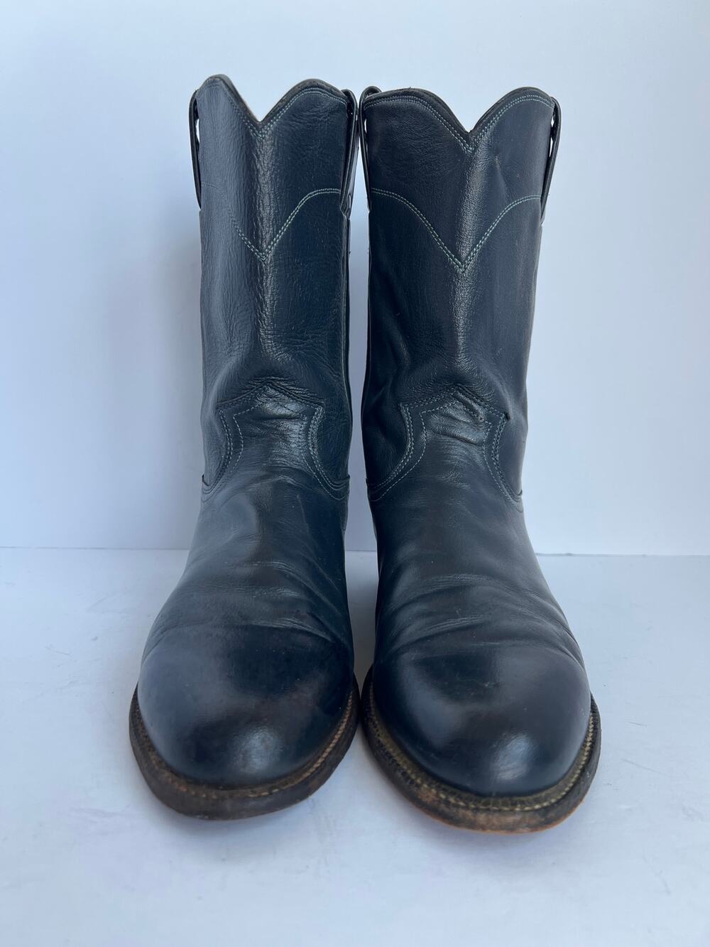 Vintage Justin Navy Blue Leather Classic Western Roper Cowboy Boots Womens 8.5 B